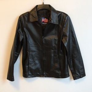 Women’s leather motorcycle jacket.